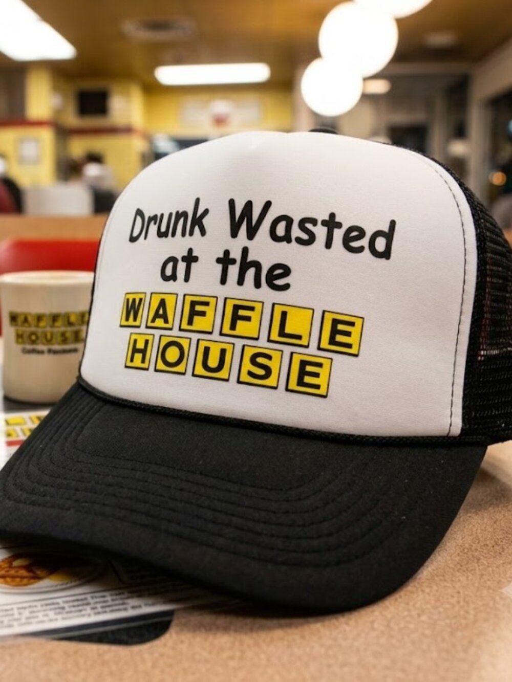 Retro Drunk Wasted at Waffle House Foam Trucker Hat Black White Rope Snapback
